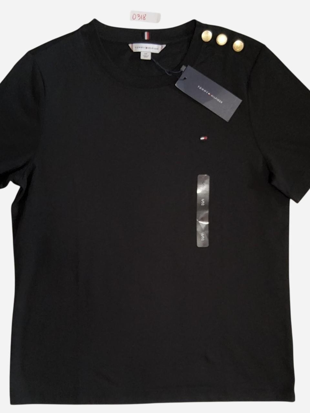 Tommy Hilfiger Black Crewneck Tee with Gold Shoulder Buttons